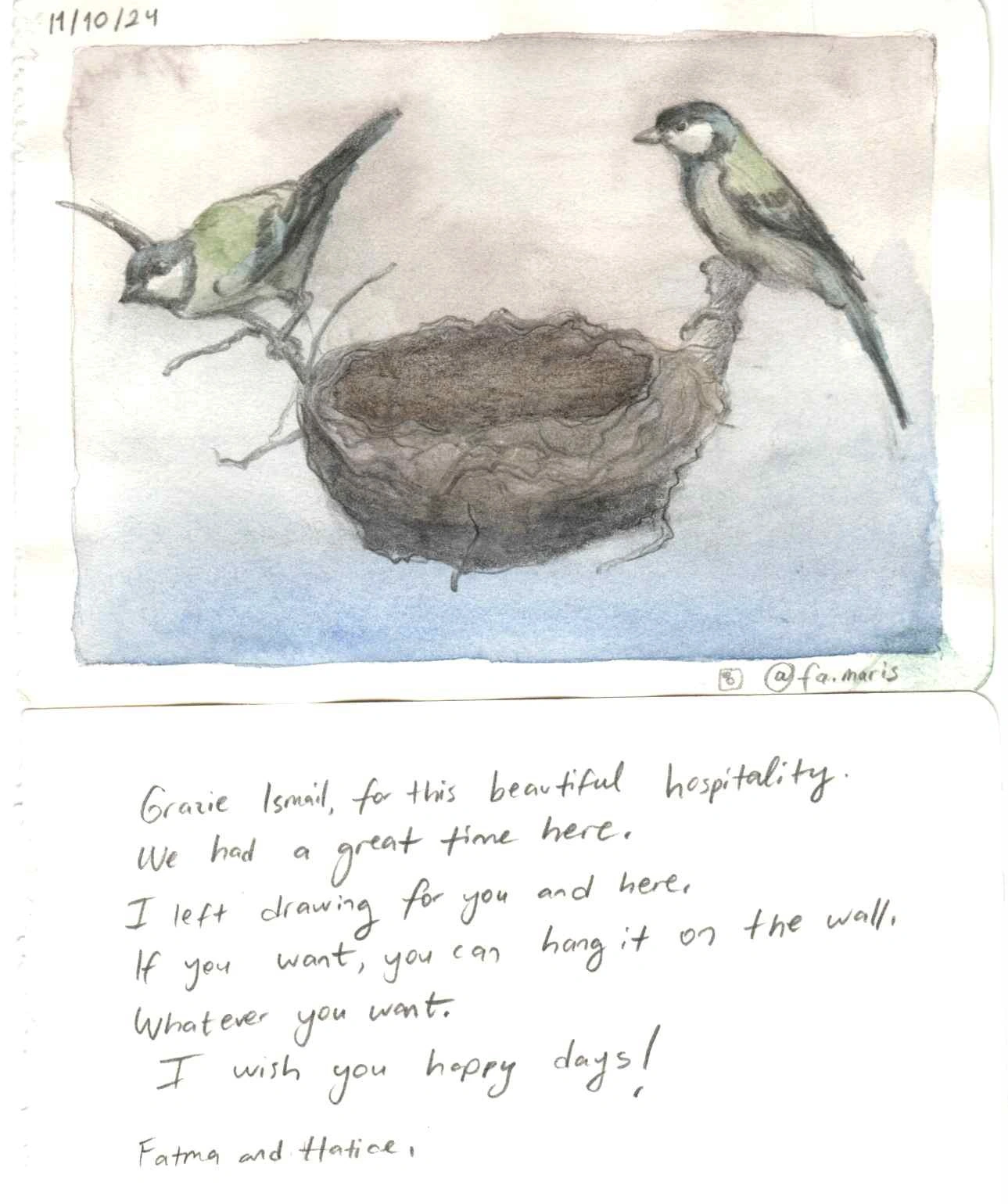 Postcard drawn and left as a gift by Fatma and Hatice after their stay